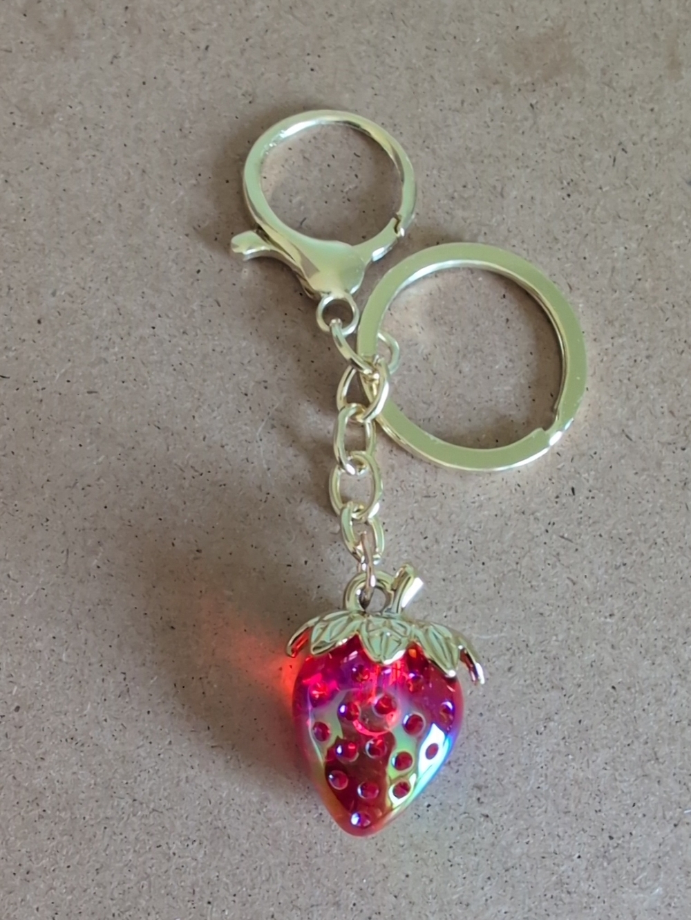 Gold Strawberry Charm Keychain — Iridescent Red/Pink Strawberry